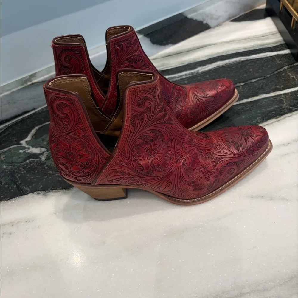 Myra Floral Embossed Leather Western Booties | Red | Size 7 - Picture 4 of 8